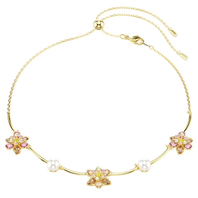 Idyllia necklace Crystal pearl, Mixed cuts, Flower, Multicolored, Gold-tone plated