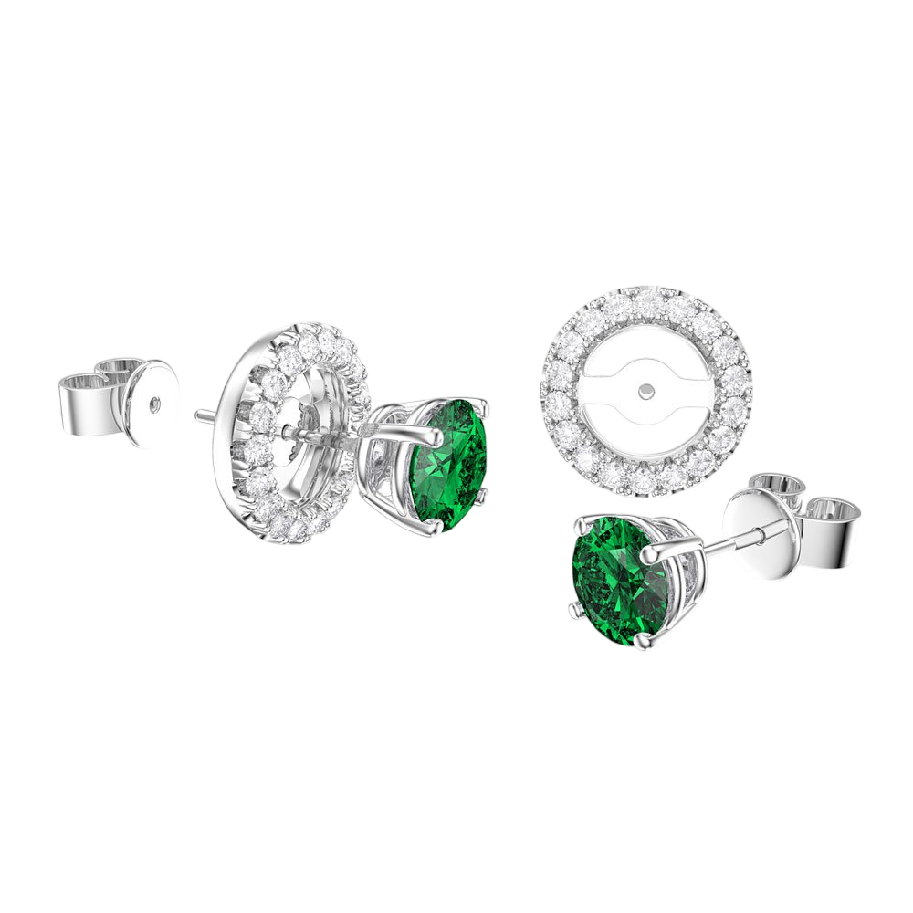 Fusion Emerald and Lab Diamonds 18ct White Gold Stud Earrings Halo Jacket Set